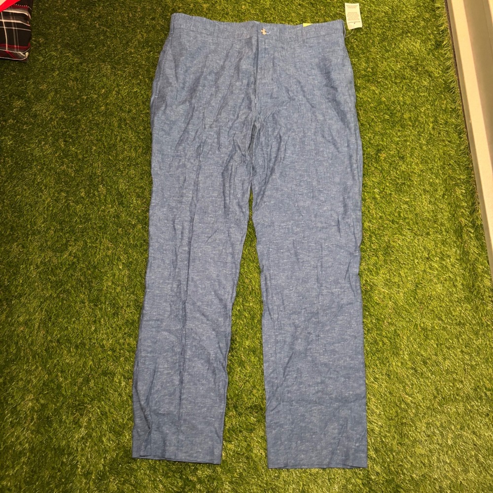 Alan Flusser Mens Blue Linen Rayon Blend Flat Front Trousers Pants 36x32 NWT